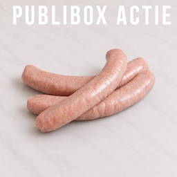 Publibox actie kalfsworsten 1kg kopen + 500 gr GRATIS 