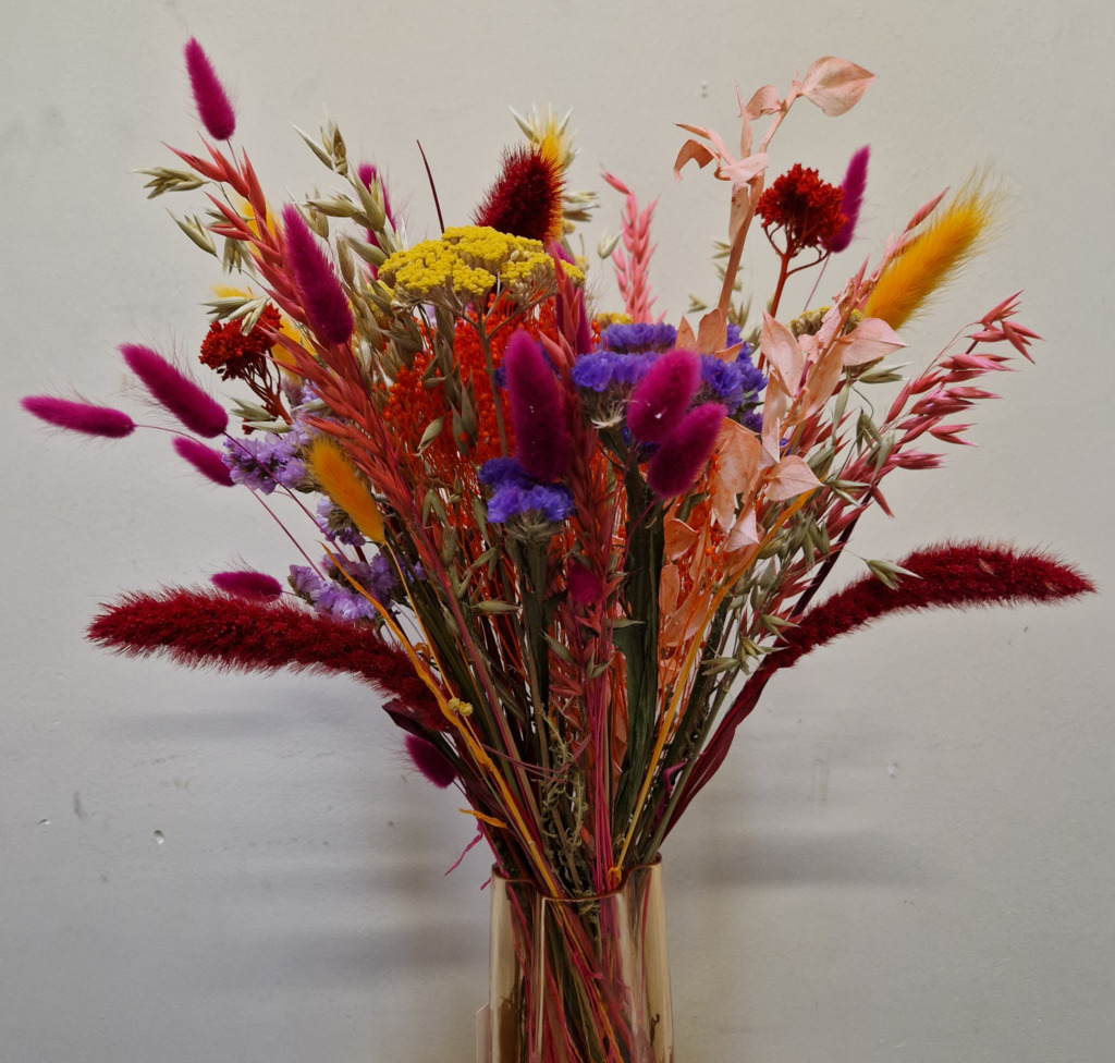 Boeket droogbloemen roze wit phalaris masterwort 80cm 160g Boeket droogbloemen roze wit phalaris masterwort 80cm 160g